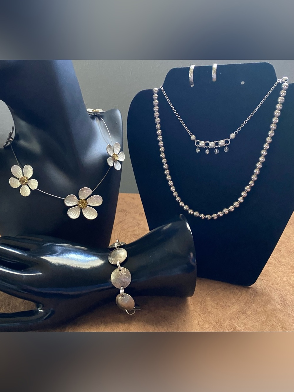 Napier silver beaded, flower blossom Necklaces. Dime Linked Bracelet, earrings